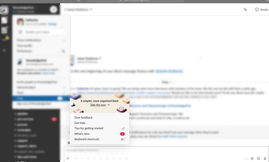 An example of contextual help inside Slack