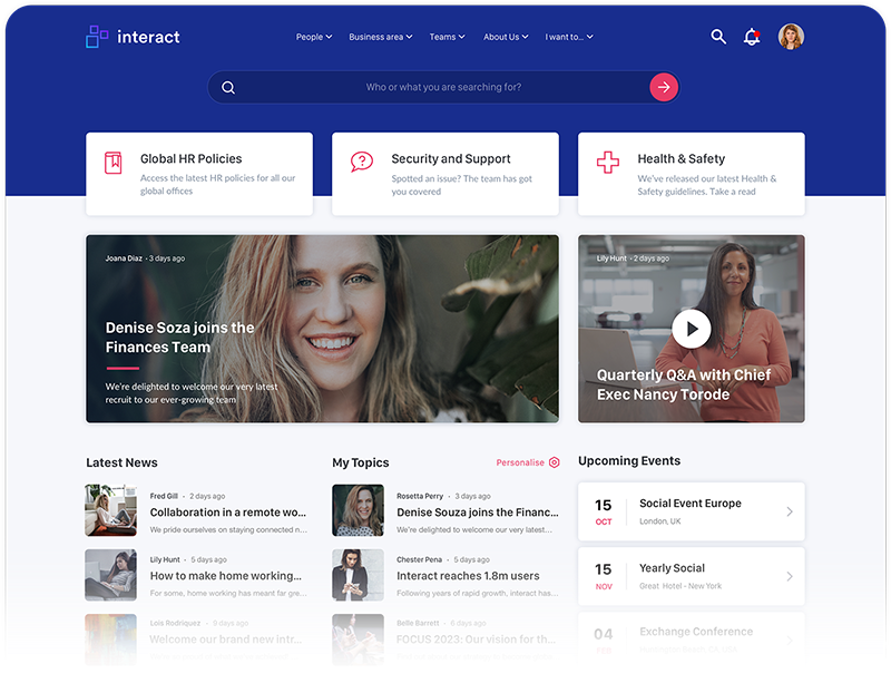 Interact's intranet solution is easy to use for employees to find the latest internal news, events, and policies